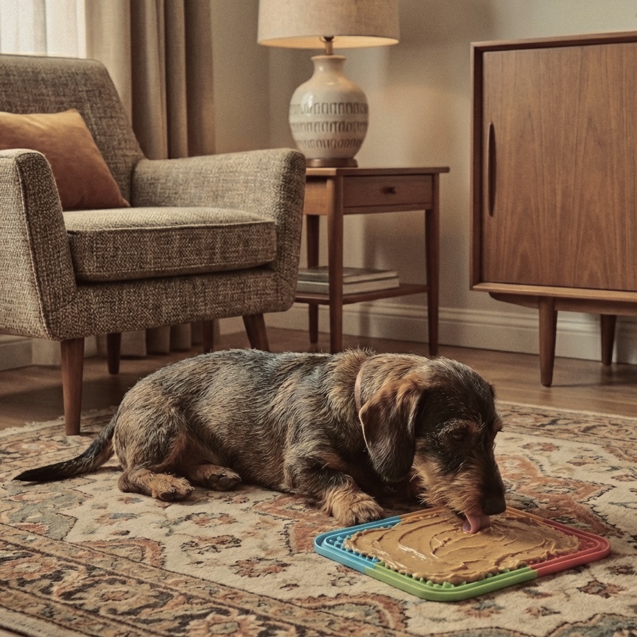 Dachshund Teddy dog using a silicone lick mat with peanut butter to stay calm and focused.