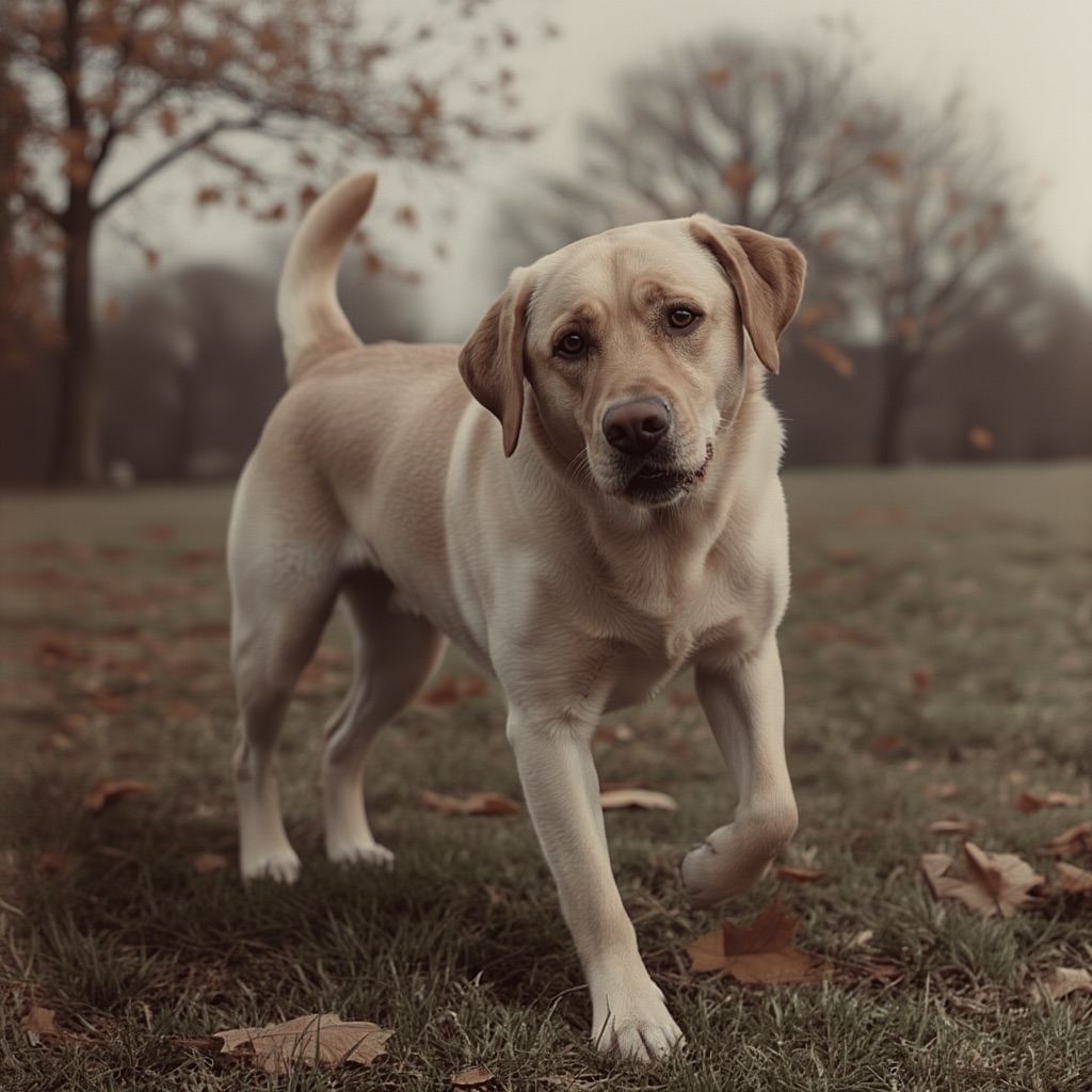 Yellow Labrador Retriever moving stiffly or favoring a hind leg during a slow walk in the park.