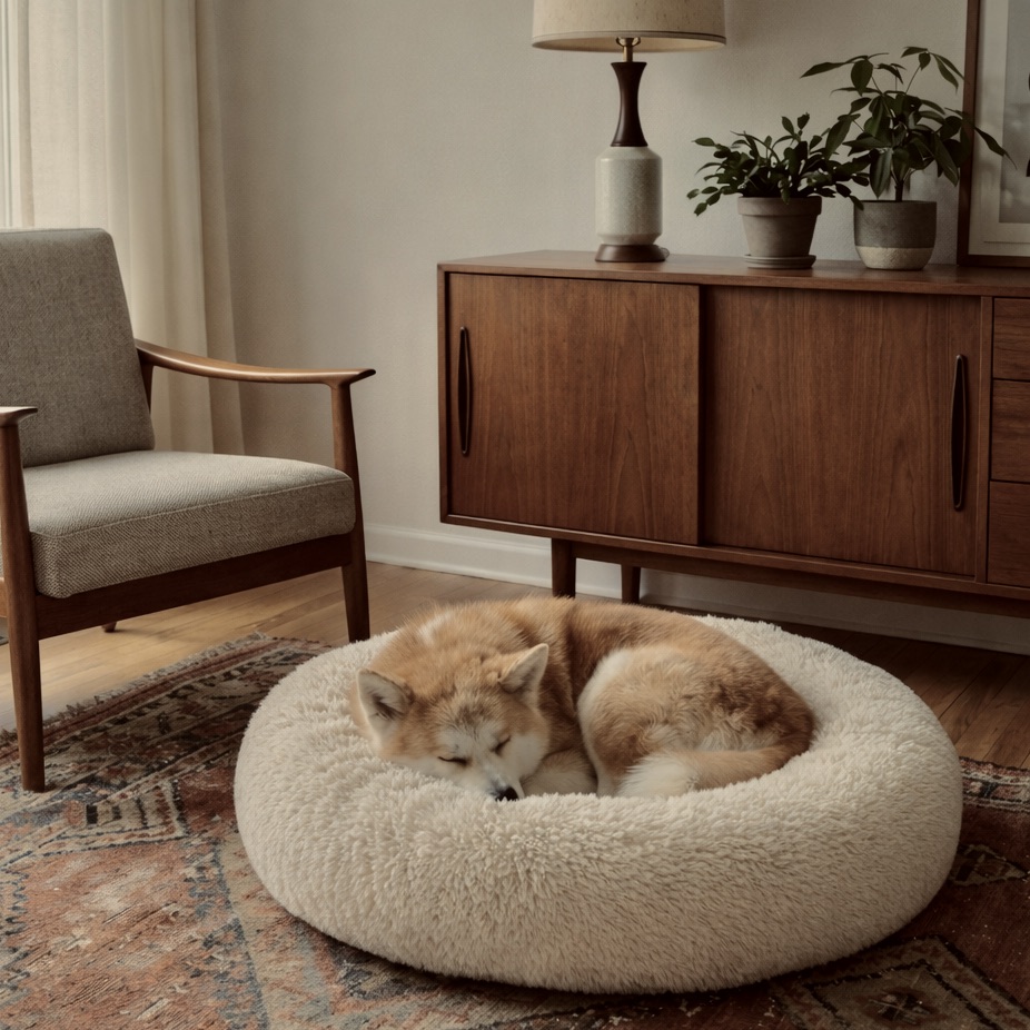 Akita Inu dog resting in a calming donut bed to reduce anxiety and stress.