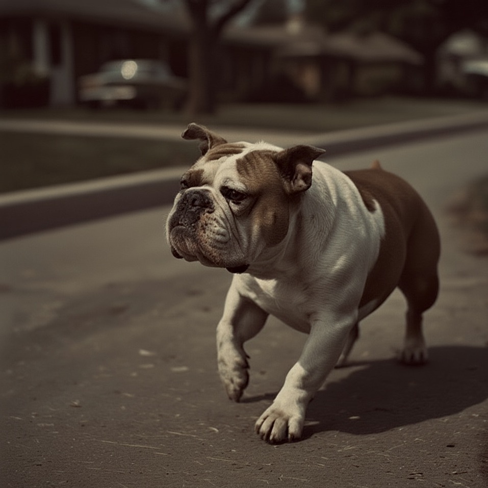 American Bulldog showing a slight limp or favoring a front leg while walking on pavement.