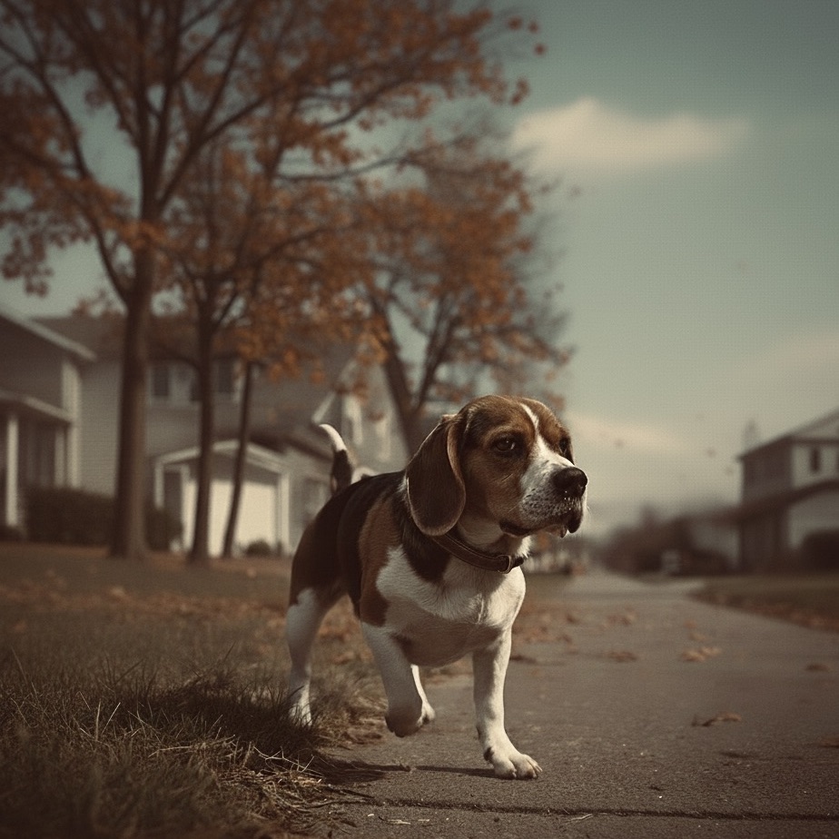 Beagle with its nose low, showing a noticeable limp or hopping gait on its hind leg.