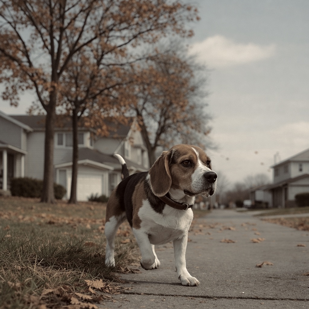 Beagle with its nose low, showing a noticeable limp or hopping gait on its hind leg.