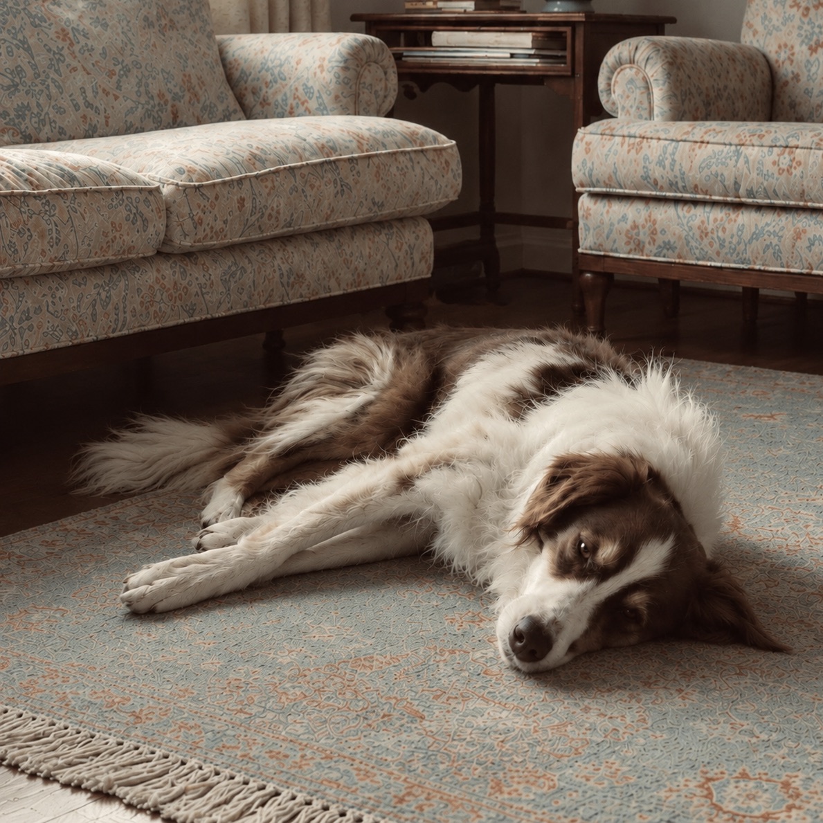 Restless Border Collie lying on a rug in the living room with sad, worried eyes, unable to settle for a nap during the day.