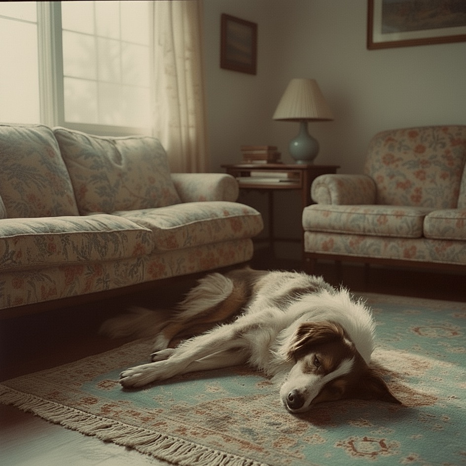 Restless Border Collie lying on a rug in the living room with sad, worried eyes, unable to settle for a nap during the day.