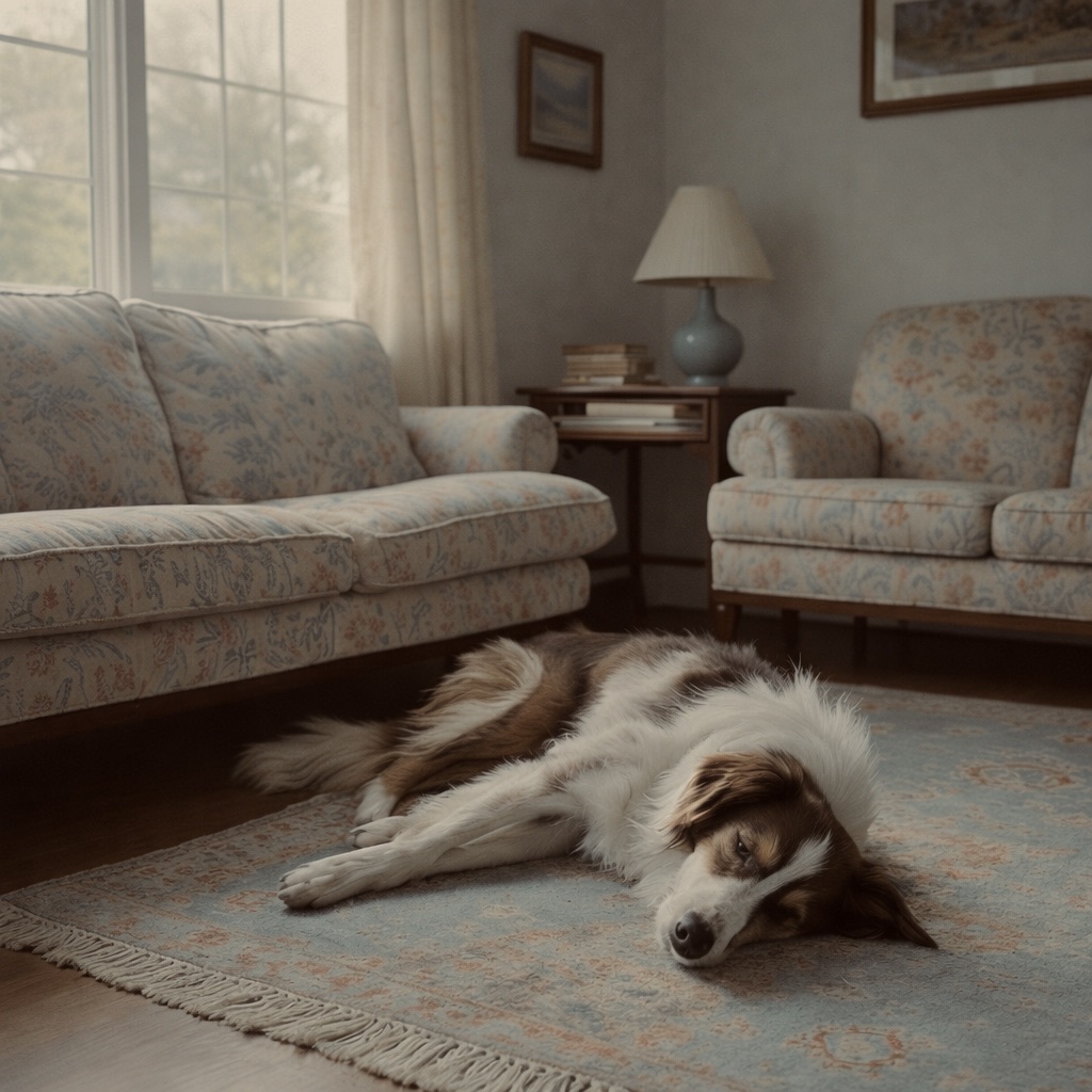 Restless Border Collie lying on a rug in the living room with sad, worried eyes, unable to settle for a nap during the day.