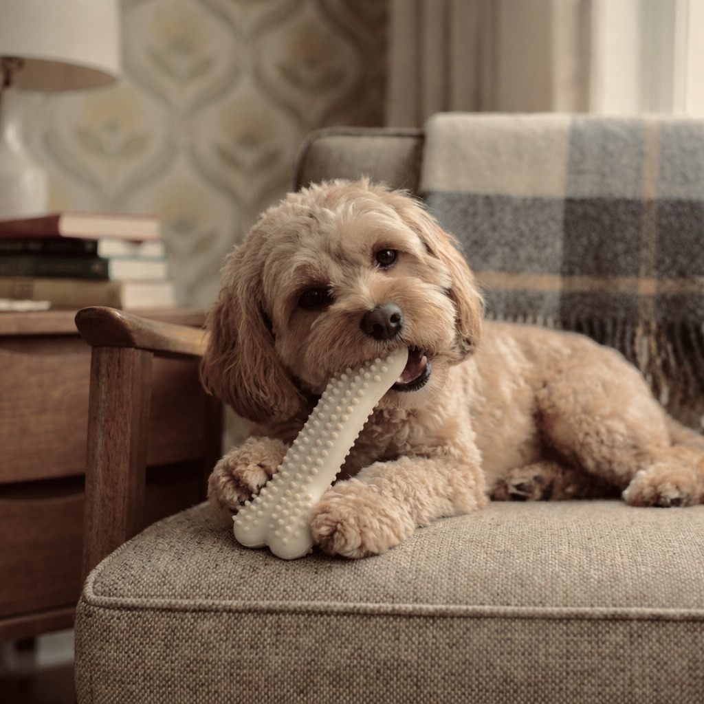 Cavapoo dog using a rubber toothbrush stick to clean teeth and soothe gums.