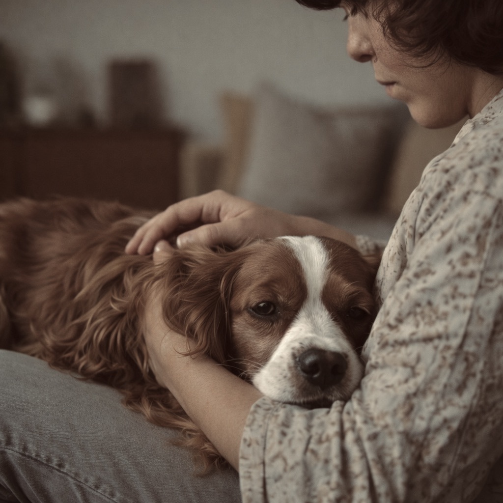 Cocker Spaniel lying on its owner's lap and looking away sadly while being stroked, a common sign of seeking comfort despite being in pain.