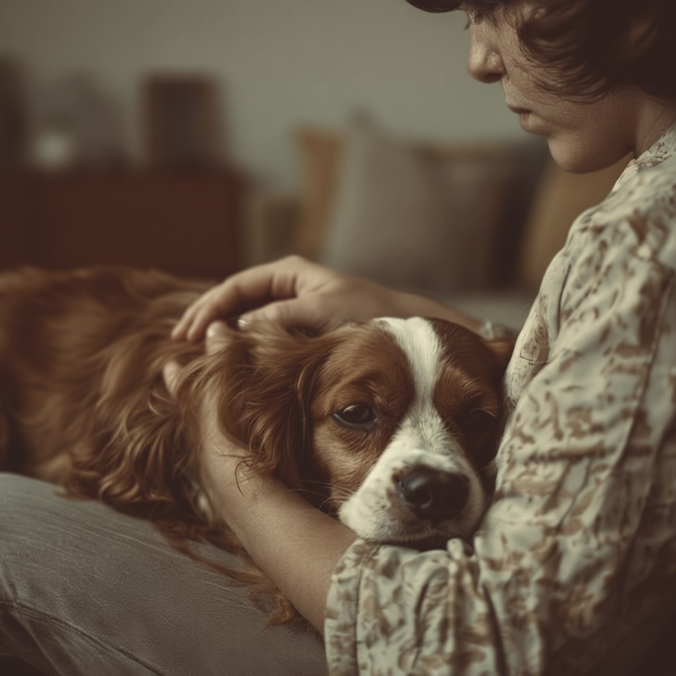 Cocker Spaniel lying on its owner's lap and looking away sadly while being stroked, a common sign of seeking comfort despite being in pain.