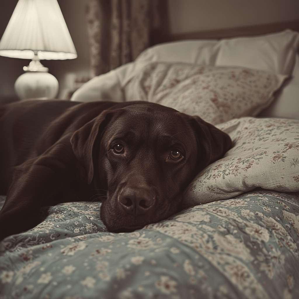 Gentle Labrador lying on a bed with soulful eyes, showing subtle signs of discomfort.