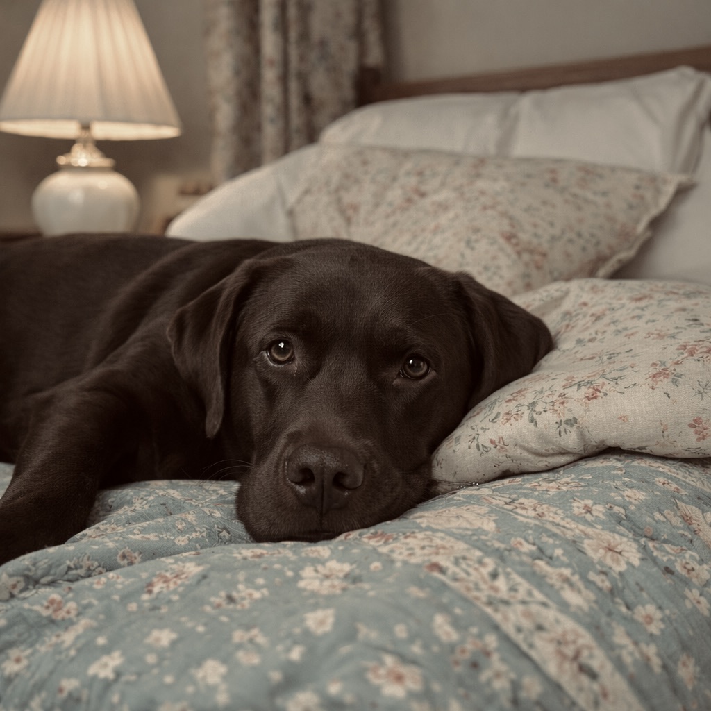 Gentle Labrador lying on a bed with soulful eyes, showing subtle signs of discomfort.