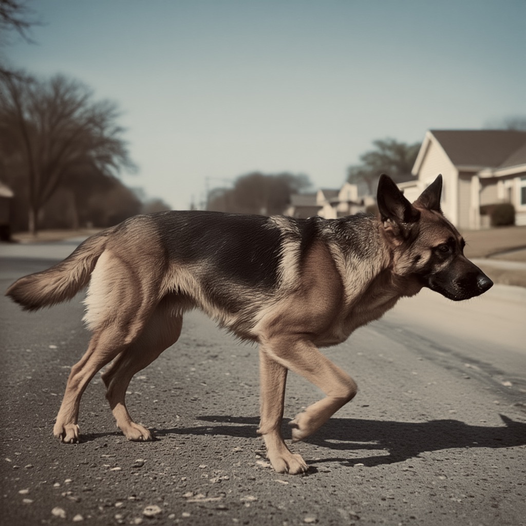 German Shepherd dog exhibiting lower back stiffness or a slight hip limp during a structured heel walk.