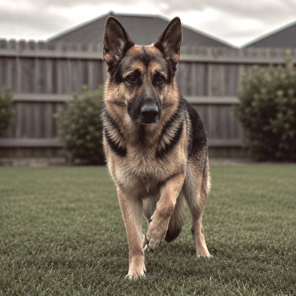 A German Shepherd lifting its front paw while standing, a clear sign of favoring a limb due to shoulder or elbow discomfort.