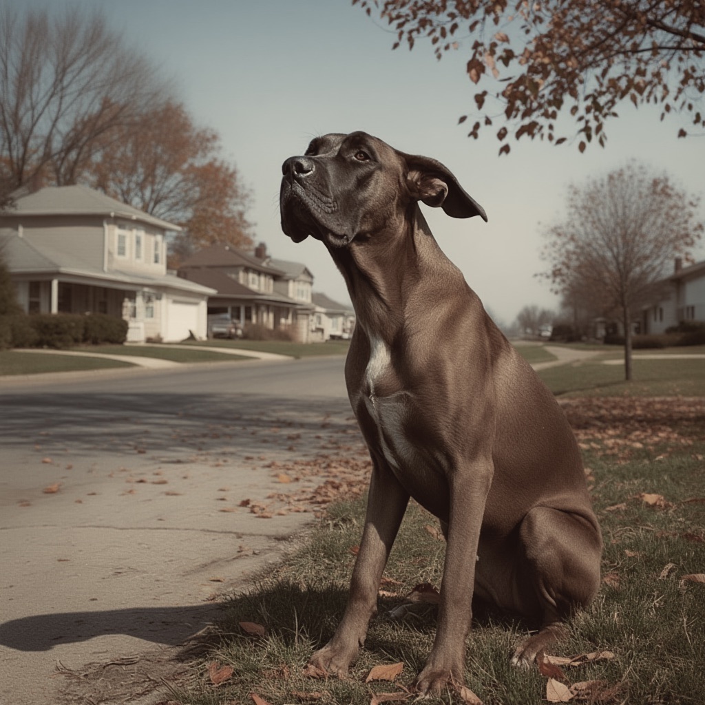 Great Dane sitting outdoors with ears pinned back, a hunched posture, and a fearful, uncomfortable expression on its face, signaling subtle pain.