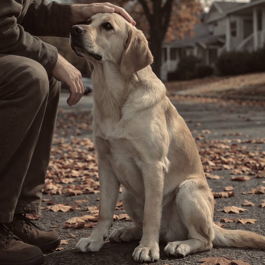 Labrador Retriever sitting sadly outdoors, looking away while its owner strokes its head, illustrating behavioral withdrawal and subtle pain.