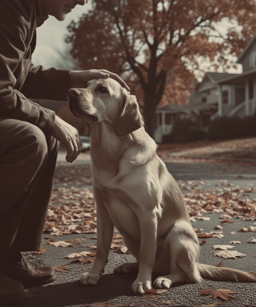 Labrador Retriever sitting sadly outdoors, looking away while its owner strokes its head, illustrating behavioral withdrawal and subtle pain.