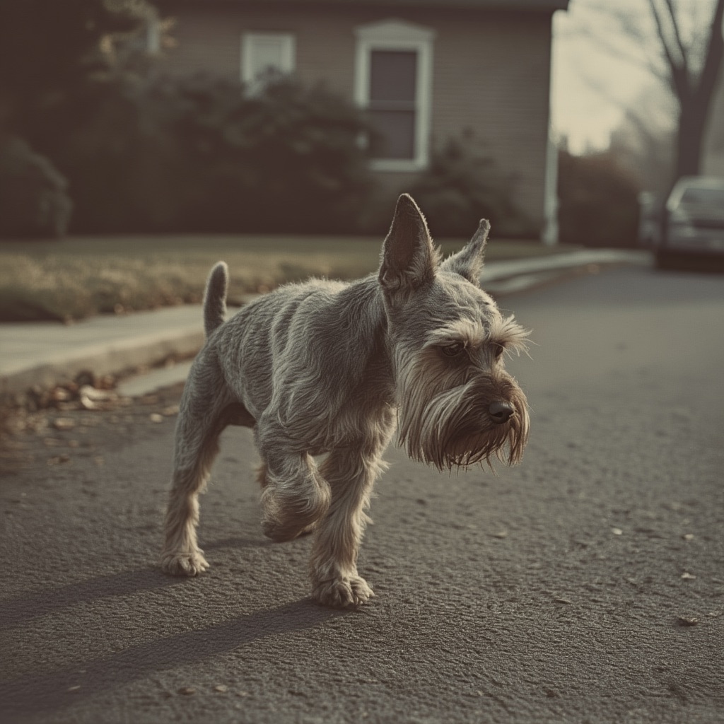 Miniature Schnauzer with a signature beard, showing subtle joint pain or stiffness on the pavement.