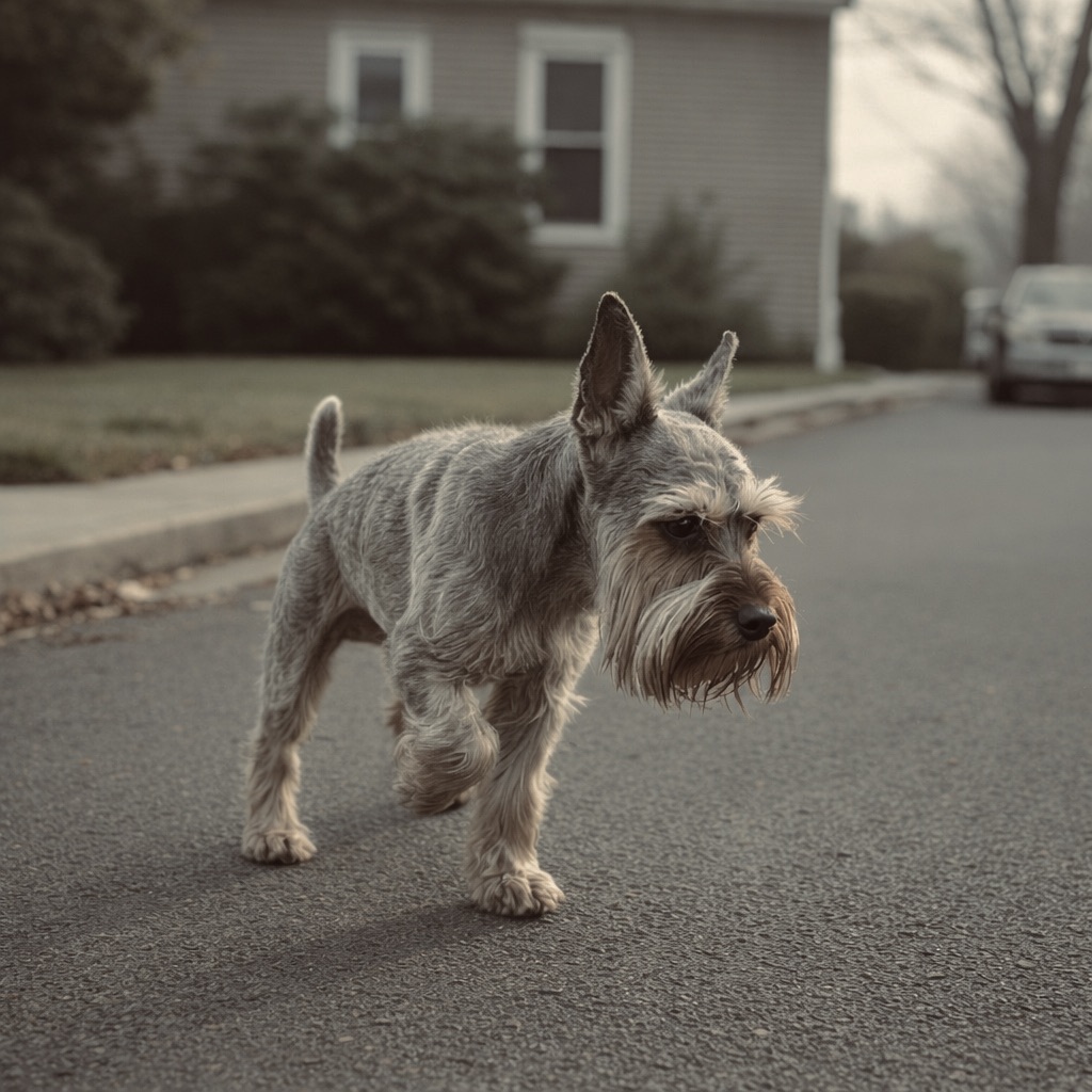 Miniature Schnauzer with a signature beard, showing subtle joint pain or stiffness on the pavement.