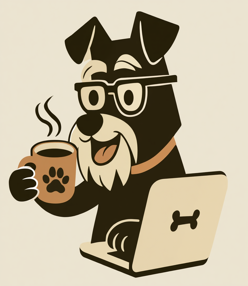 Pawditor Spike, a loyal Miniature Schnauzer with a signature beard, looking friendly and authoritative, serving as the Editor-in-Paw.