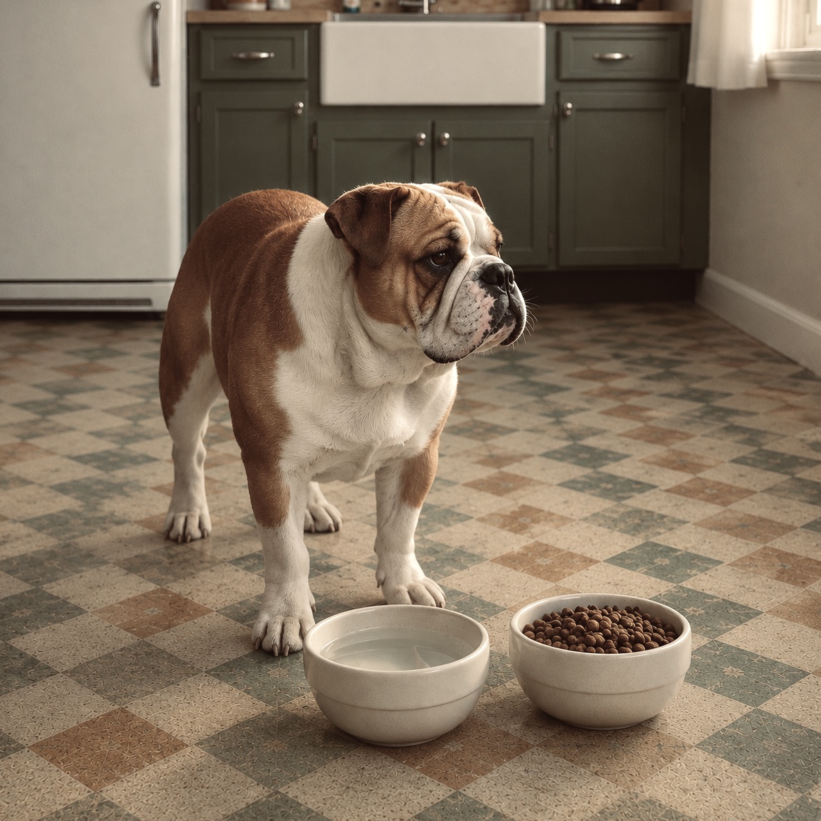 A red and white English Bulldog standing in a vintage kitchen, looking away from its full bowl of food, illustrating a loss of appetite as a sign of pain in dogs.