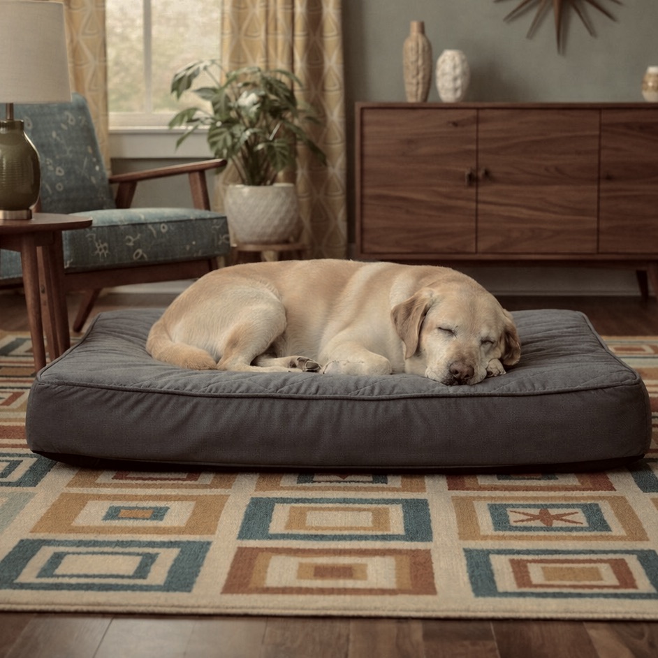Senior Labrador Retriever lying on an orthopedic dog bed for joint pain relief and comfort.