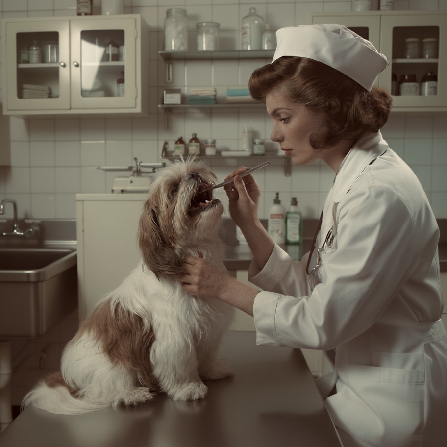 Veterinarian examining a Shih Tzu's open mouth with a tool while the dog sits calmly on an exam table, checking for dental pain.