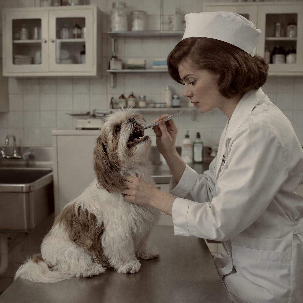 Veterinarian examining a Shih Tzu's open mouth with a tool while the dog sits calmly on an exam table, checking for dental pain.