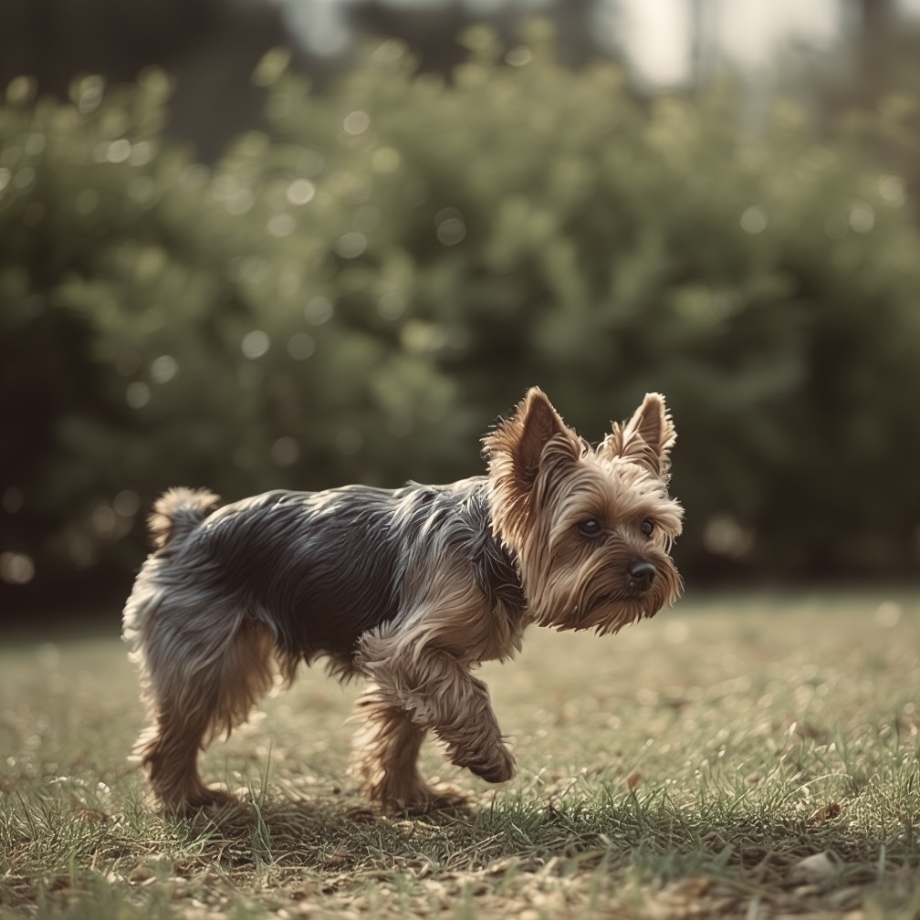 Small Yorkshire Terrier favoring a back leg or moving cautiously while walking on a leash, possibly being carried.