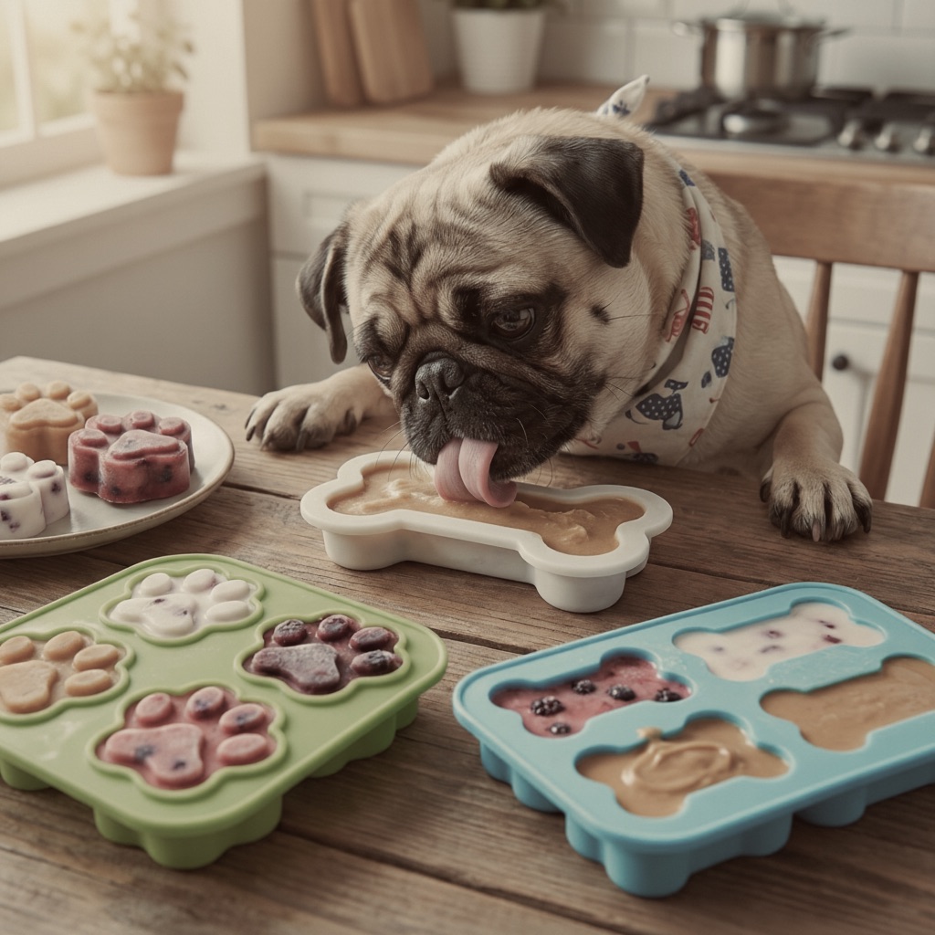 Happy Pug licking a frozen pup-sicle made in silicone molds.