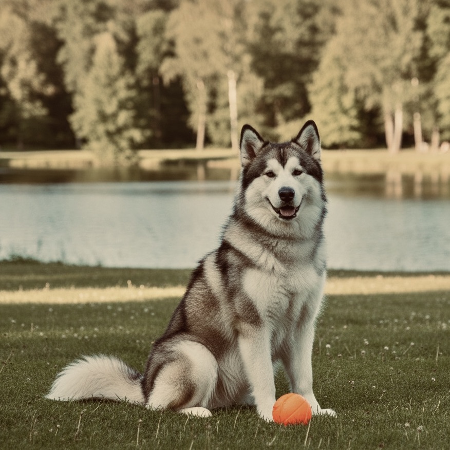 Classic gray and white Alaskan Malamute sitting near an orange ball by a lake, mouth slightly open, a high-risk thick-coated breed in warm weather.