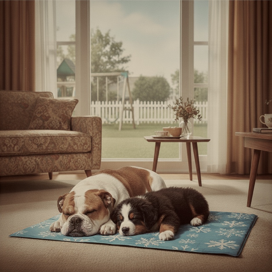 Olde English Bulldogge and Bernese Mountain Dog puppies napping on a non-toxic cooling mat.