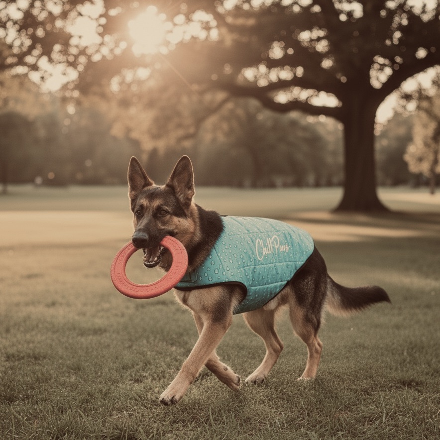 German Shepherd walking on grass wearing a blue cooling vest and carrying a red toy during a summer walk.