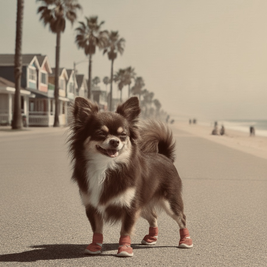 Chocolate/tan Chihuahua wearing heat-resistant dog booties on hot grey pavement.