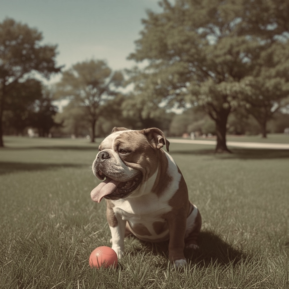Tan and white English Bulldog panting heavily in a park near a red ball, a high-risk brachycephalic dog.