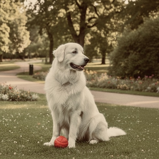 Classic white Great Pyrenees sitting on a sunny lawn near a red ball, mouth slightly open, a thick-coated high-risk breed.