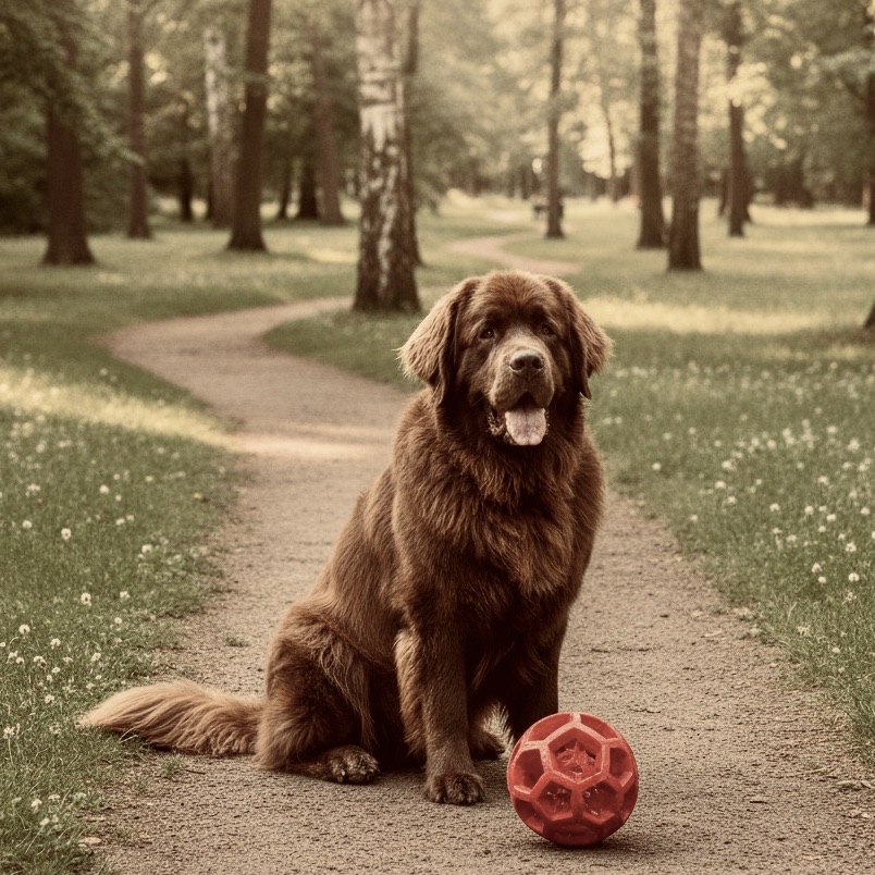 Brown Newfoundland sitting on a forest path, slightly panting next to a large red rubber ball, a heavy-bodied, high-risk breed.