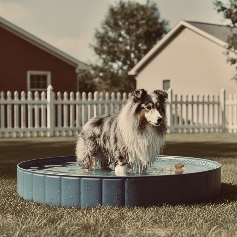 Happy Rough Collie playing in a durable puncture-proof dog pool in the backyard.
