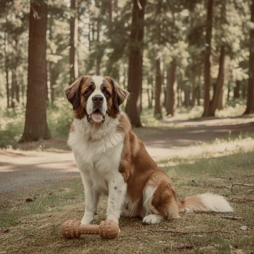 Classic brown and white Saint Bernard sitting in the shade of pine trees, panting heavily near a bone chew toy.