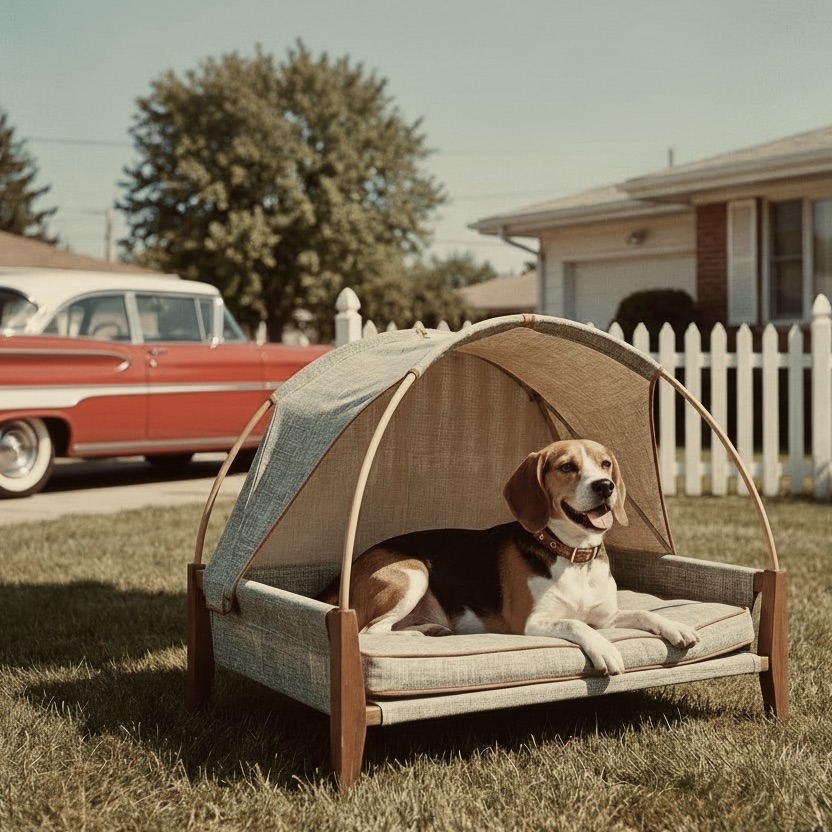 Beagle relaxing on a raised, shaded dog cot/bed with a canopy, set up in a sunny backyard patio.