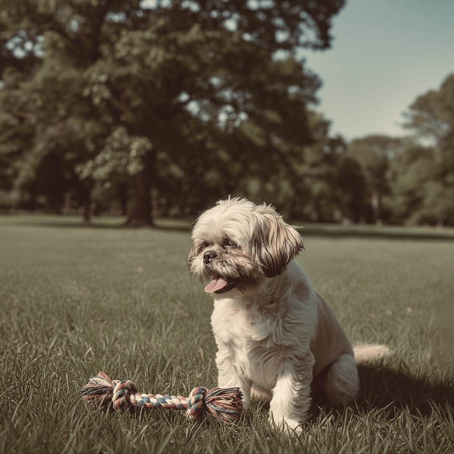 Classic white and tan Shih Tzu sitting on a sunny lawn, panting near a rope toy, a high-risk brachycephalic breed.