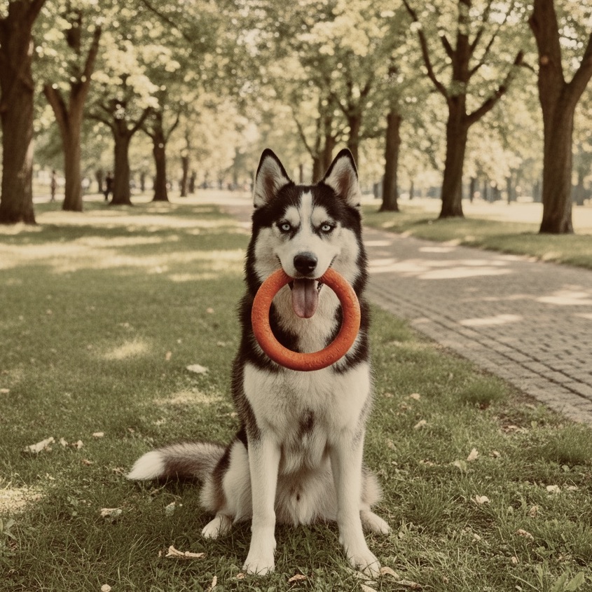 Classic black and white Siberian Husky panting on a park lawn with a red ring toy in its mouth, symbolizing a high-risk thick-coated breed.