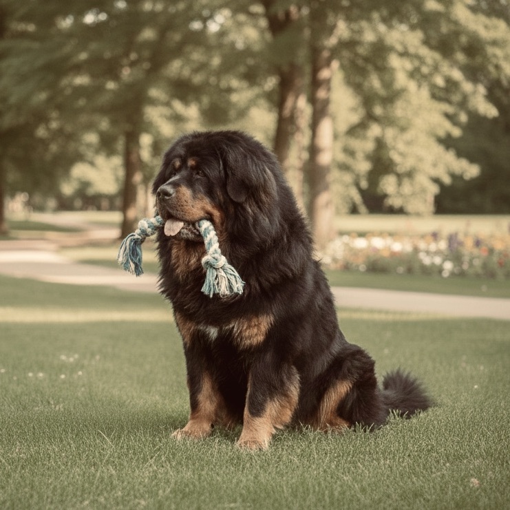 Fluffy black and brown Tibetan Mastiff sitting in a park holding a large rope chew toy, a massive, thick-coated, high-risk breed.