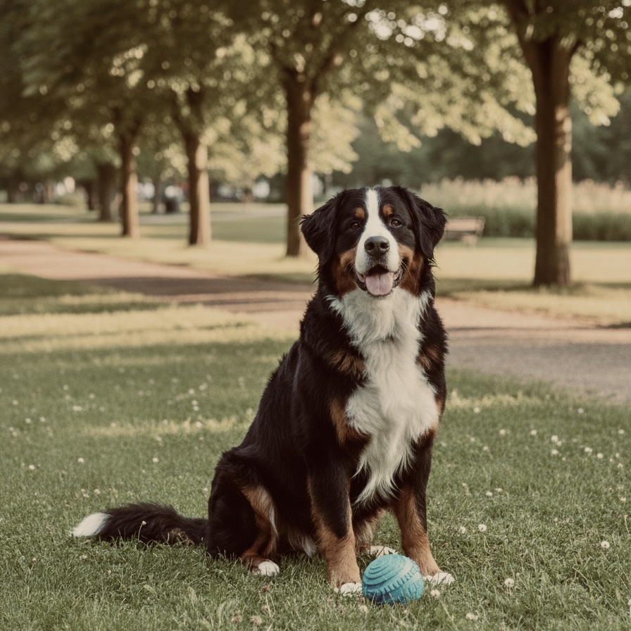 Classic tri-color Bernese Mountain Dog playfully looking at the camera on a sunny lawn with a blue and light-blue chew ball nearby.