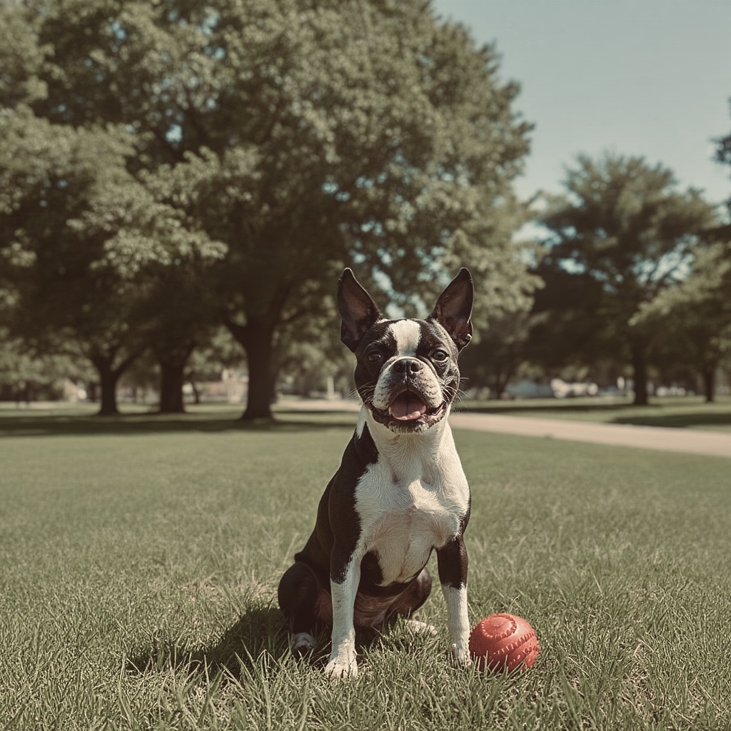 Black and white Boston Terrier panting heavily on a park lawn, looking cheerfully at the camera next to a red spiky chew ball.