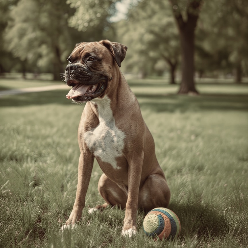 Fawn Boxer dog panting heavily in the park, next to a vintage yellow, orange, and blue striped ball, highlighting heat risk.