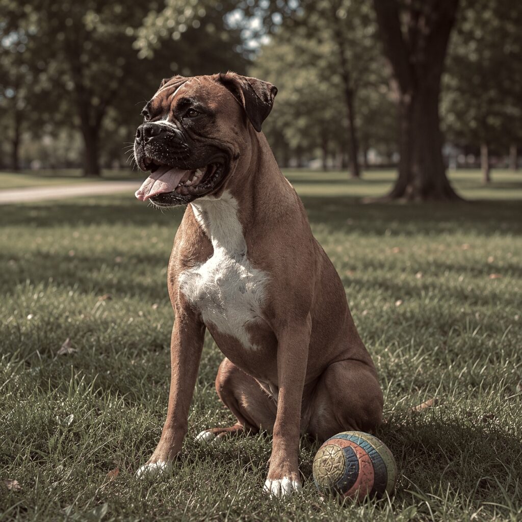 Fawn Boxer dog panting heavily beside a striped ball on a warm summer day.