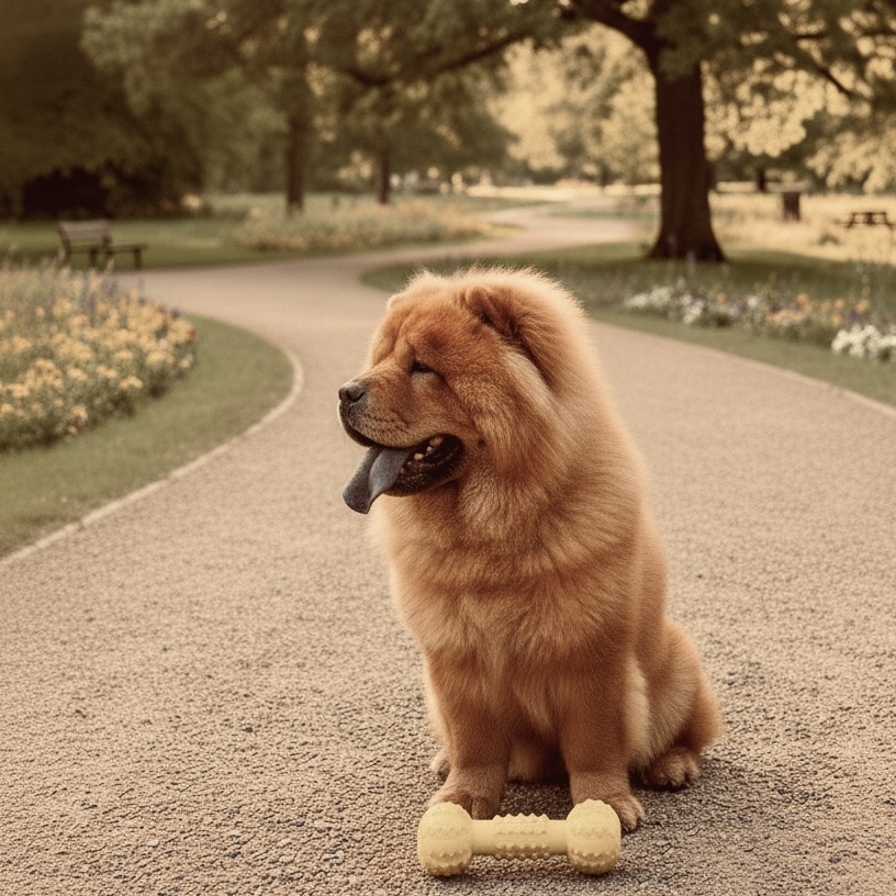 Red (Ginger) Chow Chow panting heavily in a sunny park with a visible blue tongue, sitting next to a yellow spiky chew toy.
