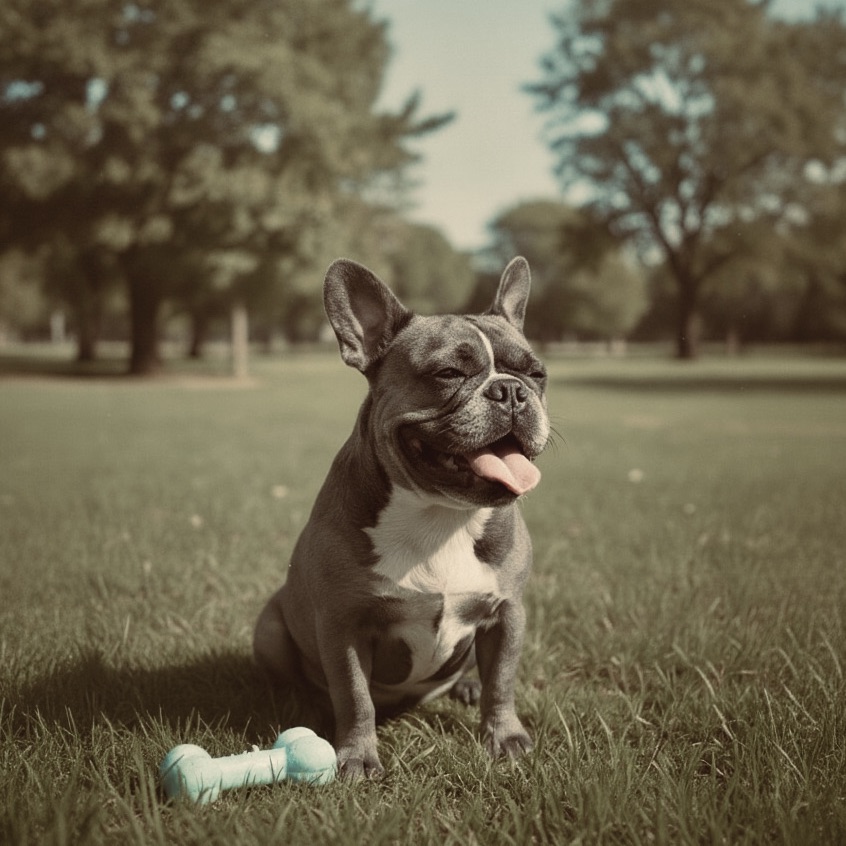 Grey French Bulldog panting heavily in a sunny park with a mint chew toy nearby, showing overheating risk.