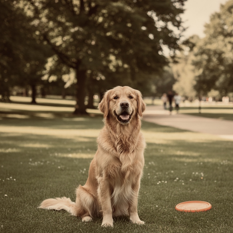 Red/Ginger Golden Retriever slightly panting on a park lawn, looking at the camera near an orange frisbee, a high-risk heavy-bodied breed.