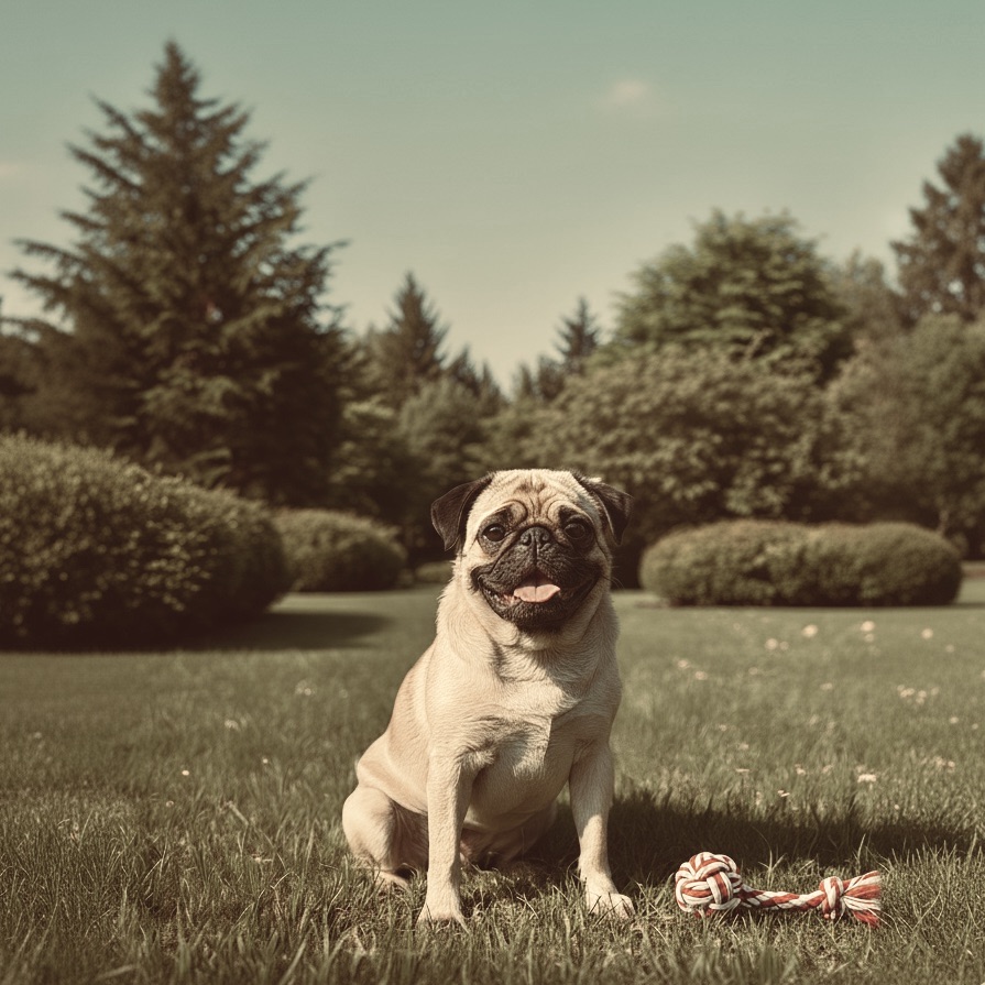 Fawn-colored Pug playfully panting in a sunny park with a rope toy nearby, a high-risk brachycephalic breed.