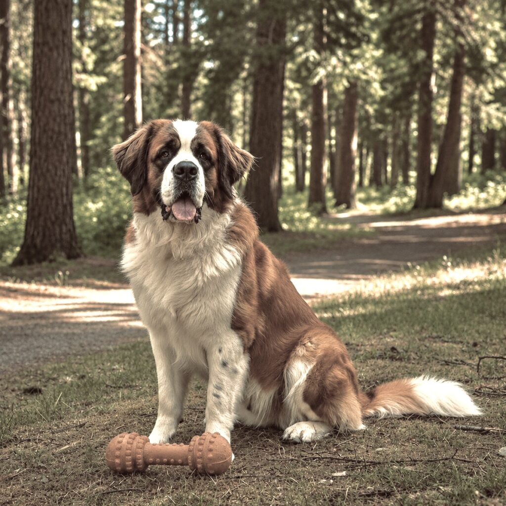 Classic brown and white Saint Bernard sitting in the shade of pine trees, panting beside a bone chew toy on a warm summer day.